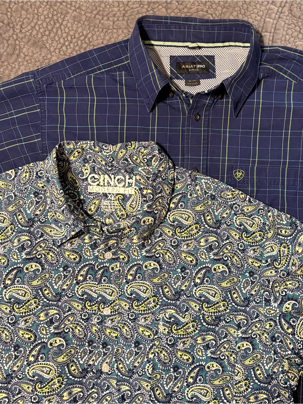 Cinch Modern Fit Green Paisley & Ariat Pro Series Blue Plaid Men’s XL Shirts Lot